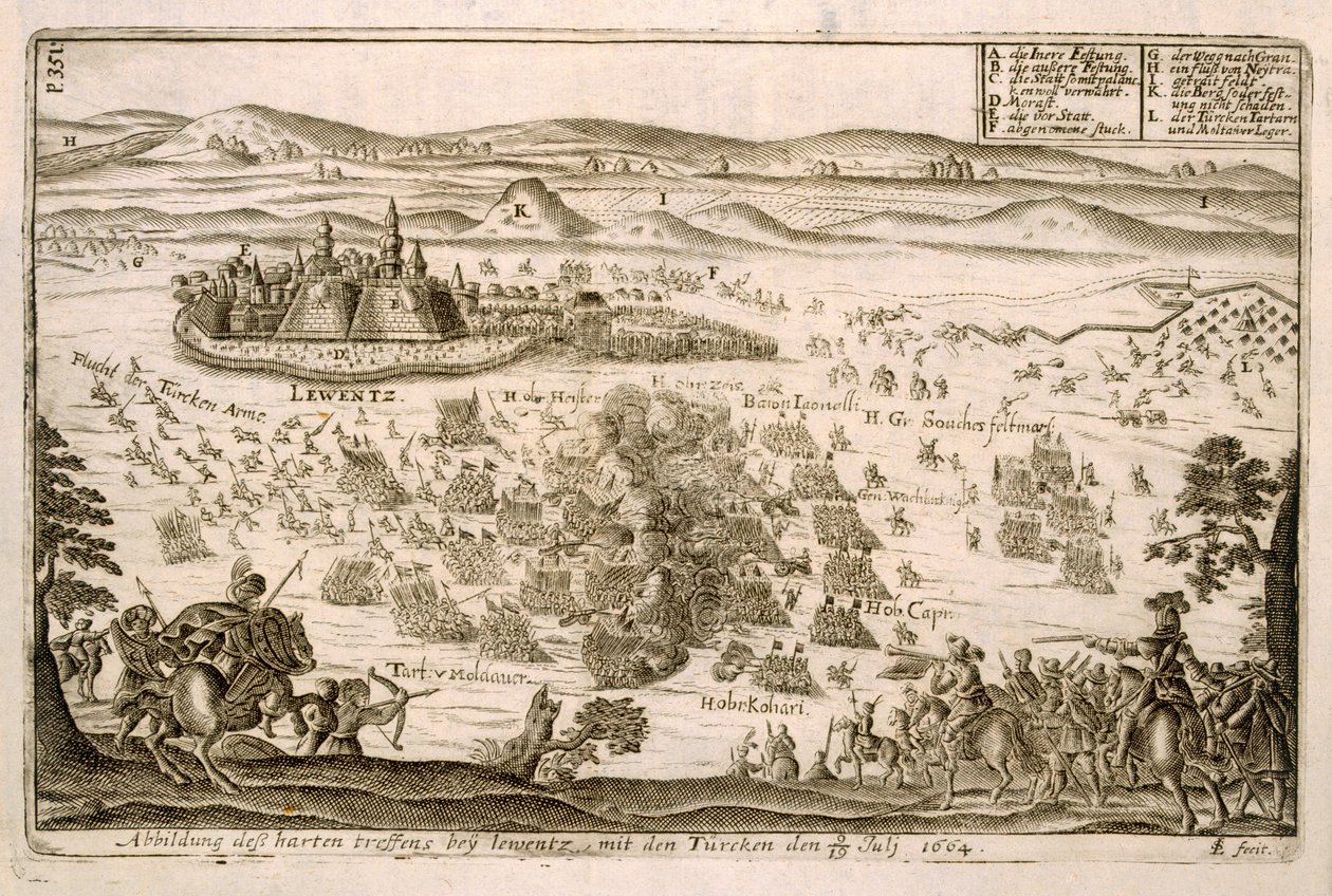 Slaget nära staden Levice 1664, illustration från en bok om de osmanska kampanjerna i Europa, graverad av Paul Furst (ca 1605-66) av German School