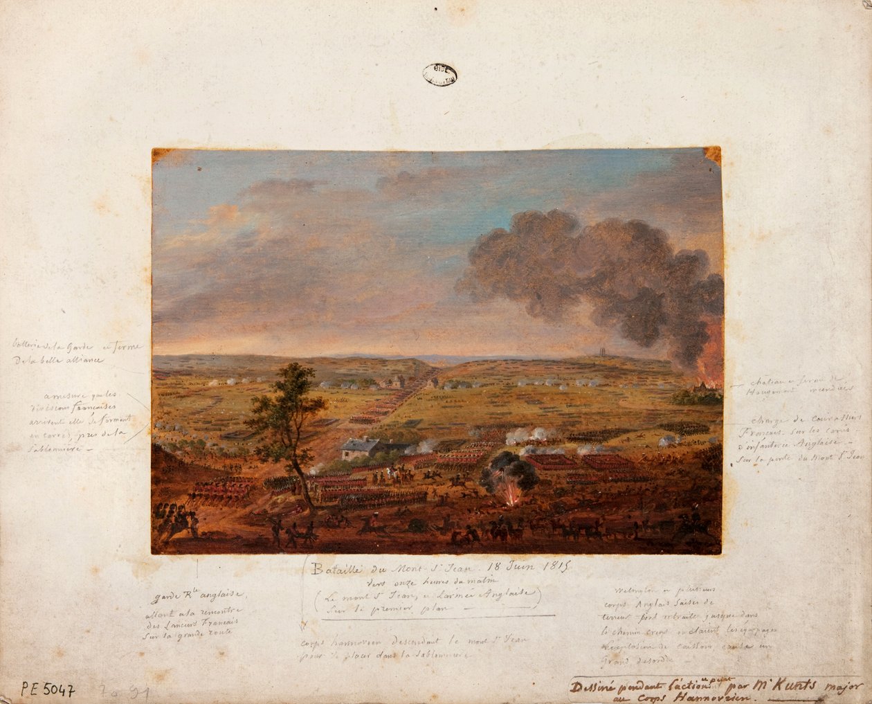 Slaget vid Mont-Saint-Jean, ritat och målat under aktionen av Major Kunts från Hannoverska enheten, 18 juni 1815 (penna och gouache på kartong) av German School