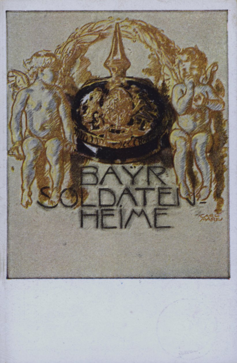 Hjälm för bayersk soldat (färglitografi) av German School