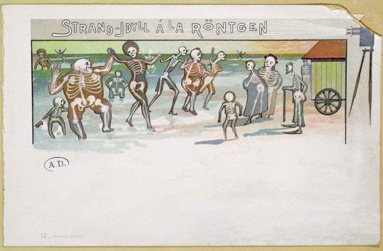 Strandidyll i Rontgenstil, tecknad film om röntgenstrålar, c.1896-99 (färgstick) av German School