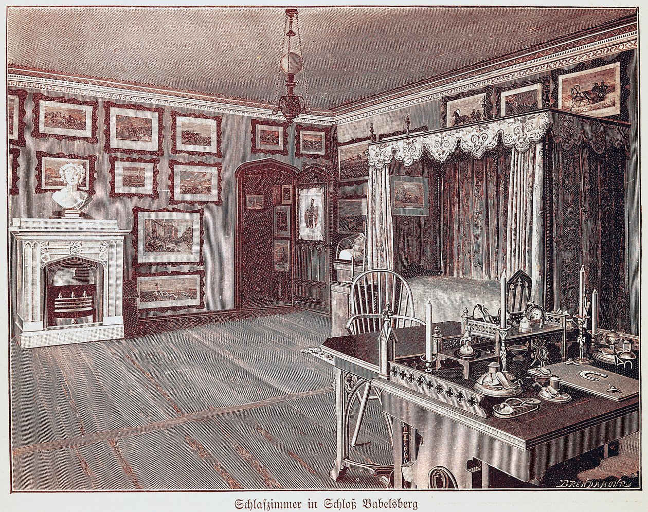 Sovrum av Kaiser i Babelsberg slott, gravyr, Tyskland av German School