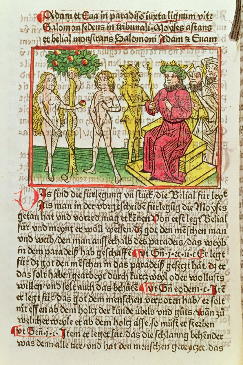 Belial presenterar Adam och Eva för Salomo, illustration från en tysk översättning av Das Buch Belial, 1473 (färgat träsnitt) av German School