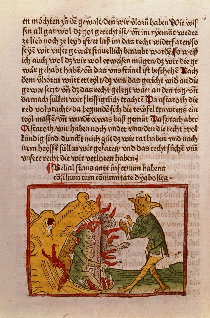 Belial at the Gates of Hell, illustration från en tysk översättning av Das Buch Belial, 1473 (färgat träsnitt) av German School