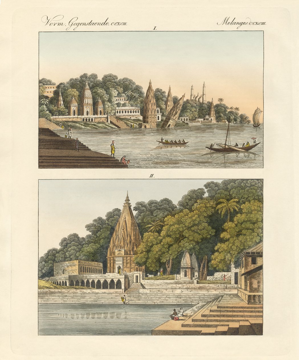 Benares och dess pagoder (färgad gravyr) av German School