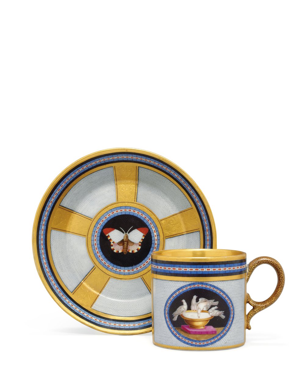 Berlin faux pietra dura och mikromosaik kaffeburk och fat, ca 1810-15 (keramik) av German School