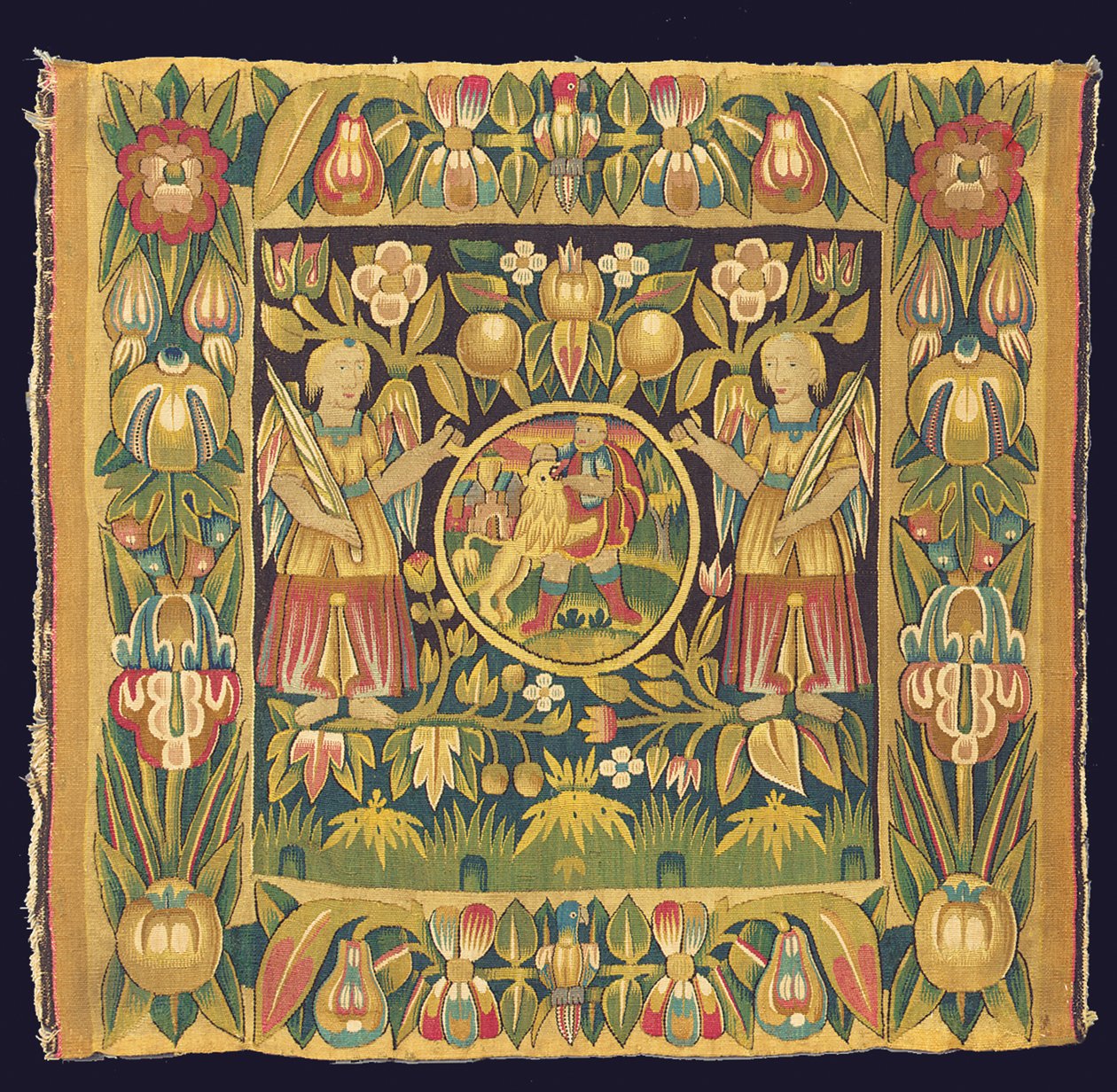 Biblisk gobelängpanel föreställande Samson och lejonet, möjligen 1600-talet, Nordtyskland, Schleswig Holstein eller Hamburg av German School