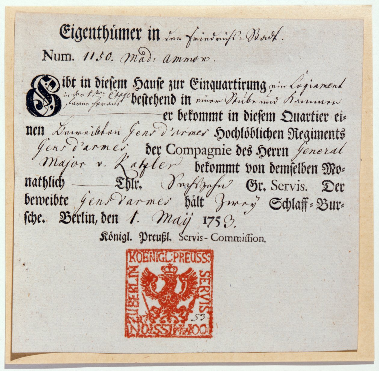 Faktureringskupong, 1759 (tryck och penna och bläck) av German School