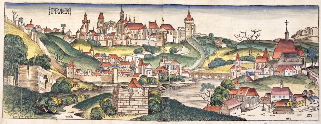 Fågelperspektiv över Prag från Nürnbergkrönikan av Hartmann Schedel (1440-1514) 1493 av German School