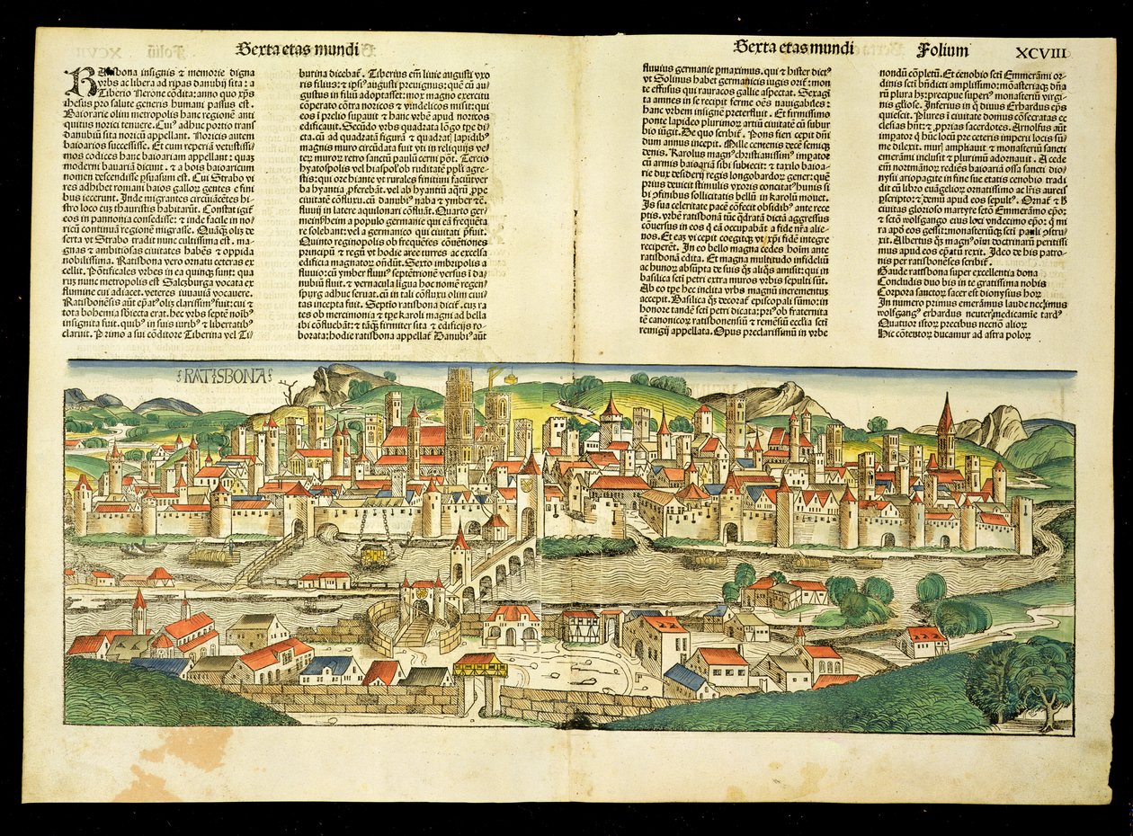 Fågelperspektiv över Ratisbon, från Nürnbergkrönikan av Hartmann Schedel (1440-1514) 1493 av German School