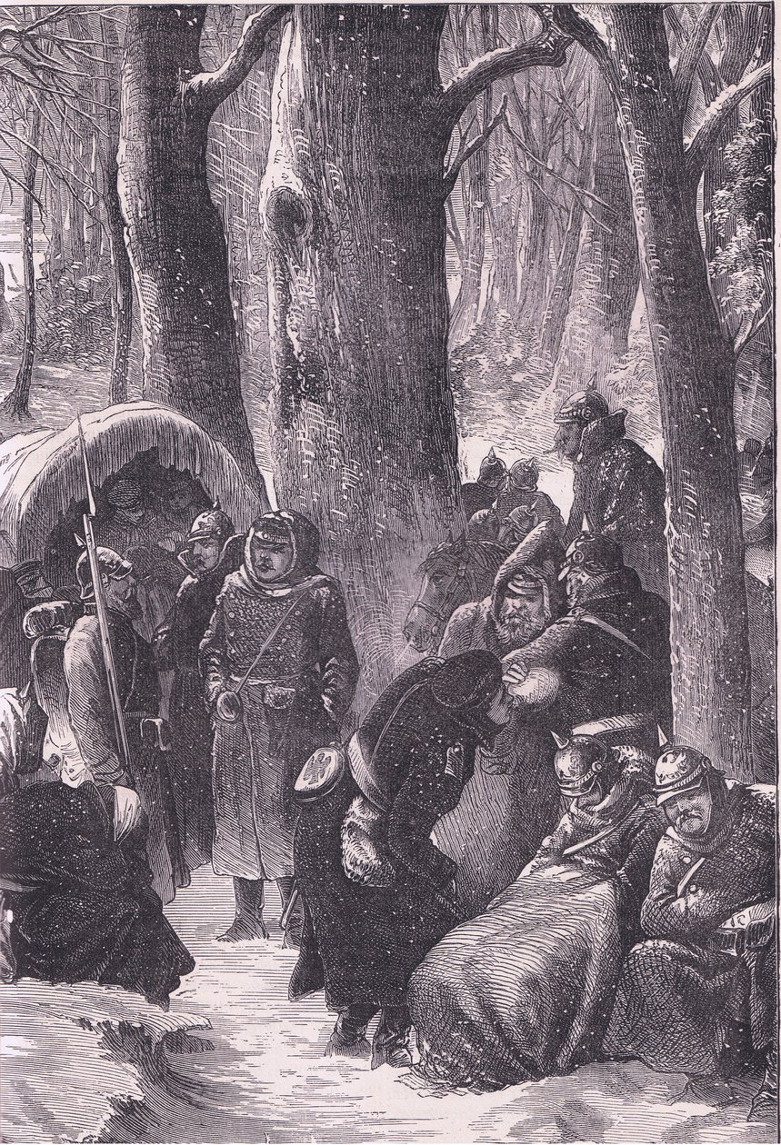 Bivack i snön, Cassells historia om kriget mellan Frankrike och Tyskland publicerad av Cassell and Company Limited, ca 1890 (litho) av German School