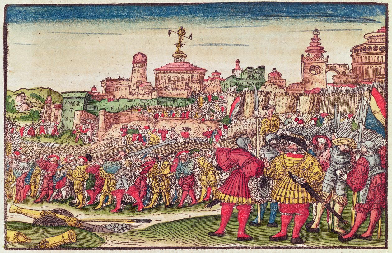 Uppenbarelseboken, kapitel XXV, från Lutherbibeln, ca 1530 (färgat träsnitt) av German School