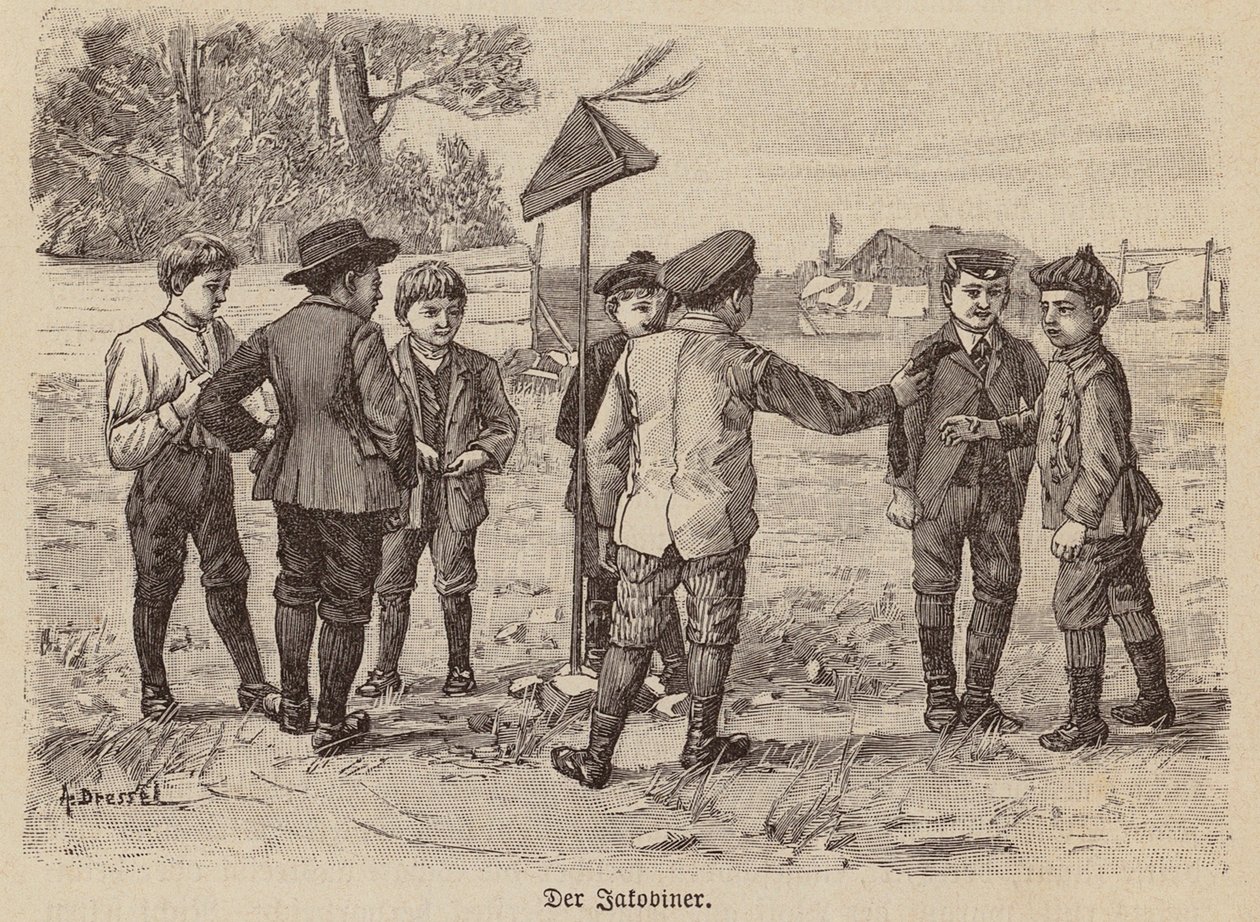 Pojkar som spelar Jacobin-kepsspelet (gravyr) av German School
