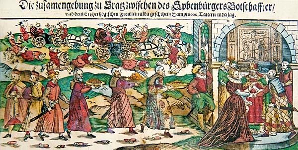 Broadsheet-tidningsberättelse och illustrationer av fullmaktsäktenskapet i mars 1595 mellan ärkehertiginnan Maria Christina av Österrike med ambassadören för Sigismund Báthory, prinsen av Siebenbürgen (Transsylvanien) och av slaget vid Călugăreni i augusti av German School