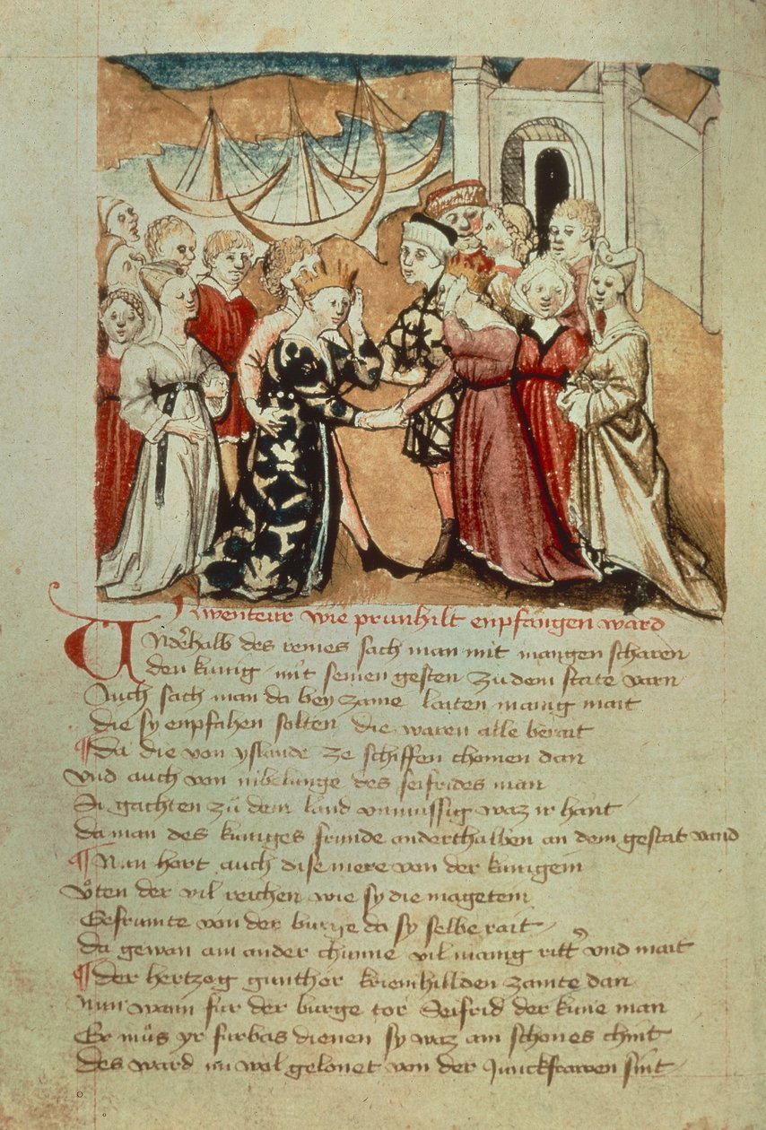 Brunhild kommer in i maskar; Kriemhild kommer Brunhild och Gunther, från 