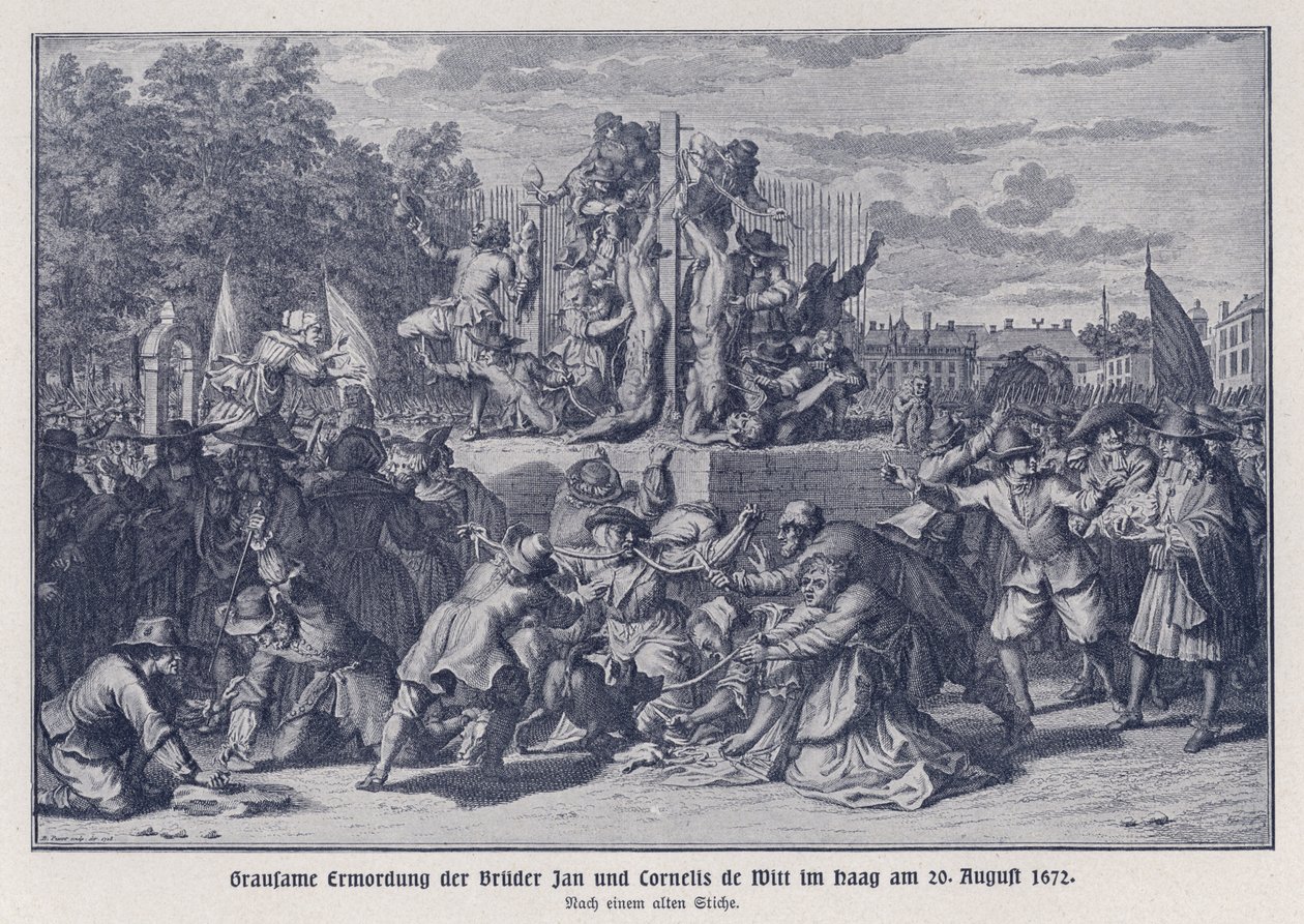 Brutalt mord på bröderna Jan och Cornelis de Witt av en orangistisk mobb, Haag, Nederländerna, 20 augusti 1672 (litografi) av German School