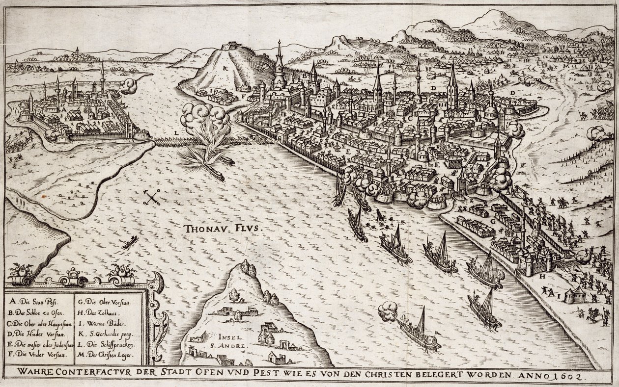 Buda och skadedjur som belägrades av de kristna 1602, illustration från en bok om de osmanska kampanjerna i Europa, graverad av Paul Furst (ca 1605-66) av German School