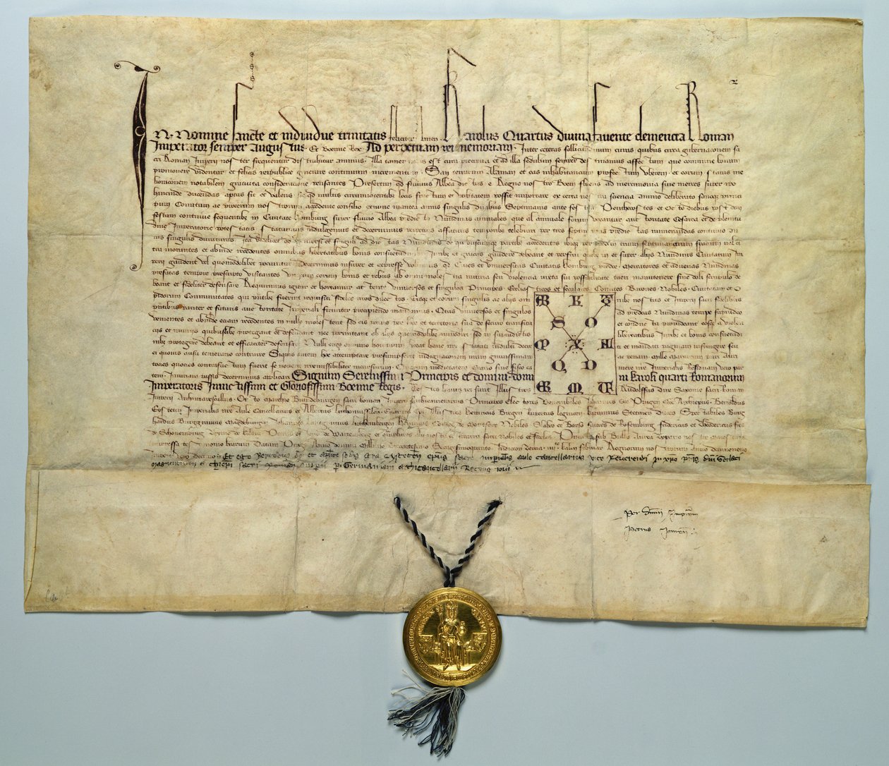 Tyren af Karl IV (1316-78) hellig romersk kejser, 29. januar 1365 (blæk på pergament med guld segl) av German School