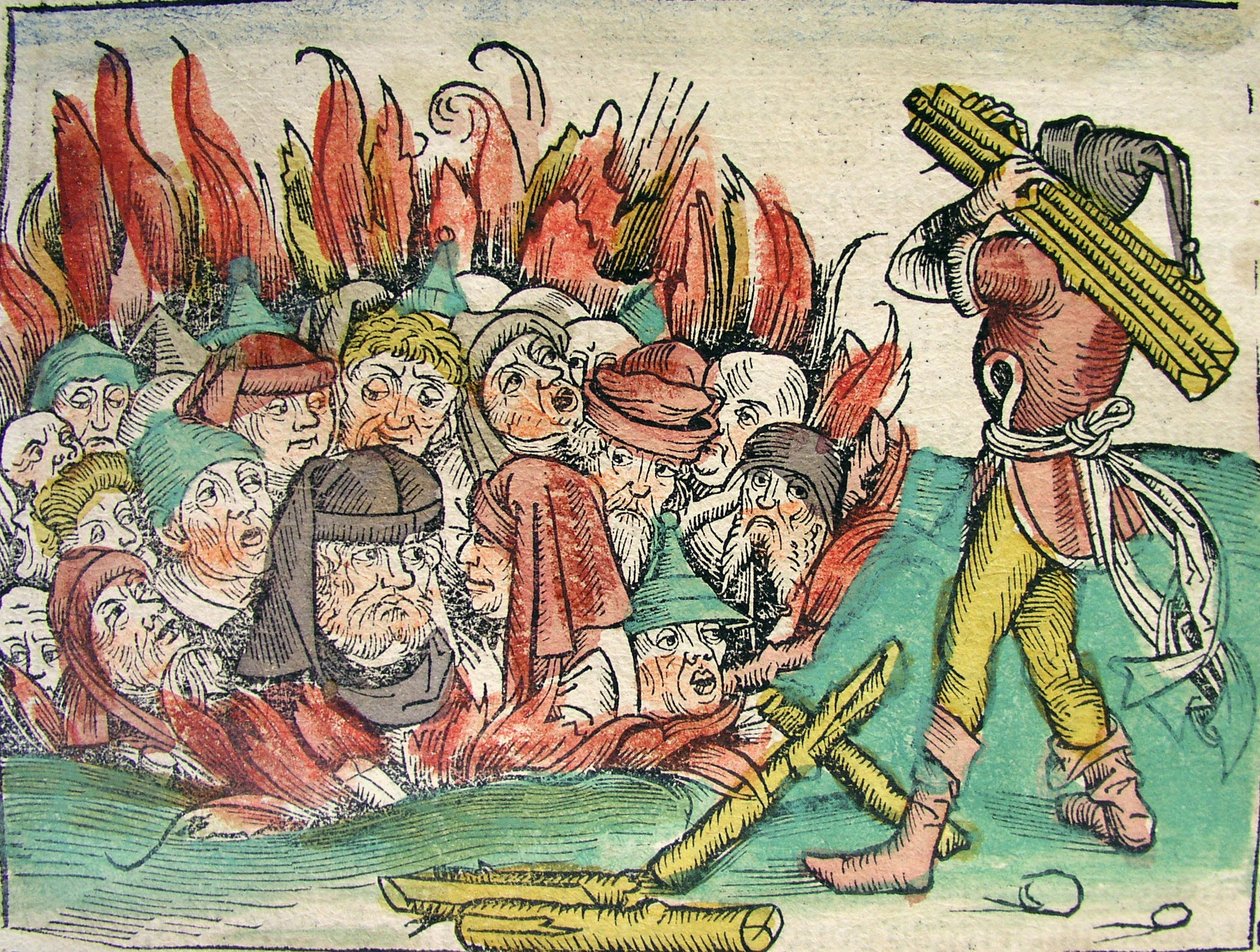 Burning of the Jews, publicerad i Nuremberg Chronicle, 1493 av German School