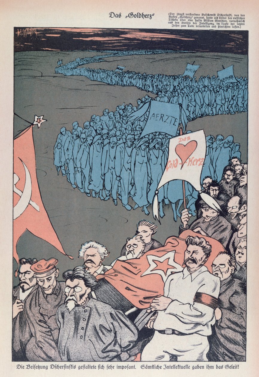 Karikatyr av Felix Dzherzhinskys död (1877-1926), grundare och chef för CHEKA av German School