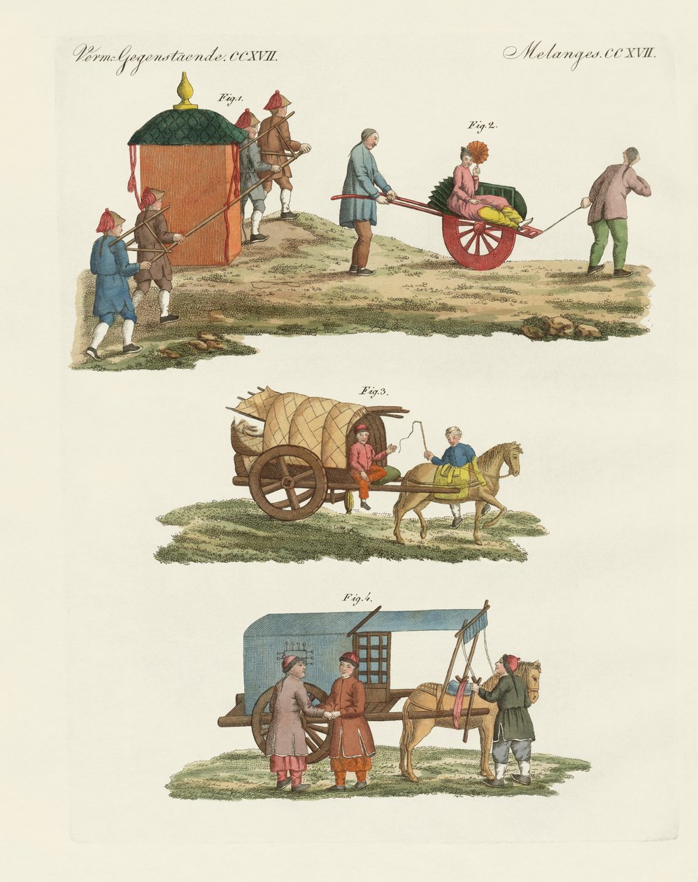 Vagn och sätt att resa i Kina (färgad gravyr) av German School