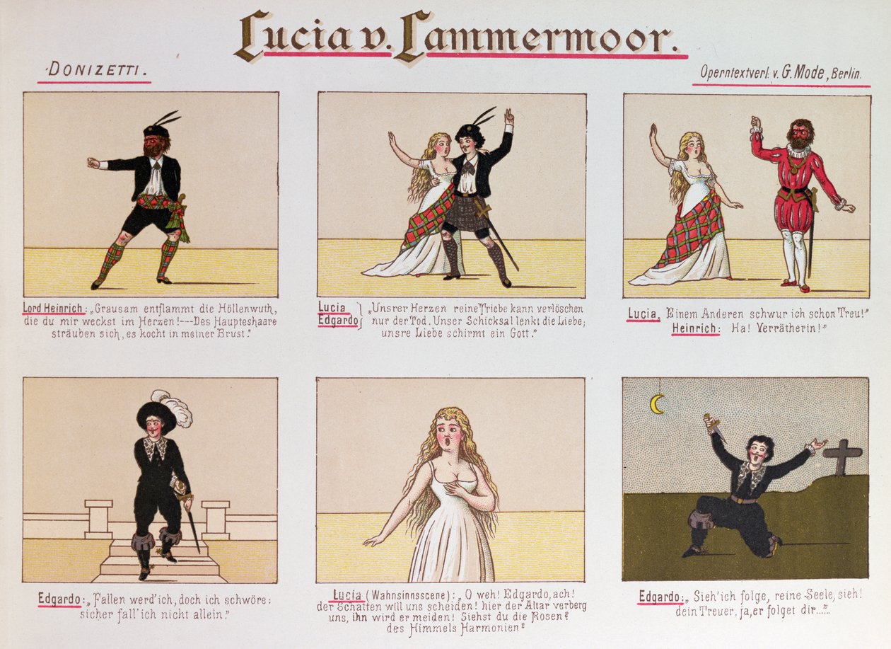 Tecknad film som gör narr av operan Lucia di Lammermoor av Donizetti (färg litho av German School