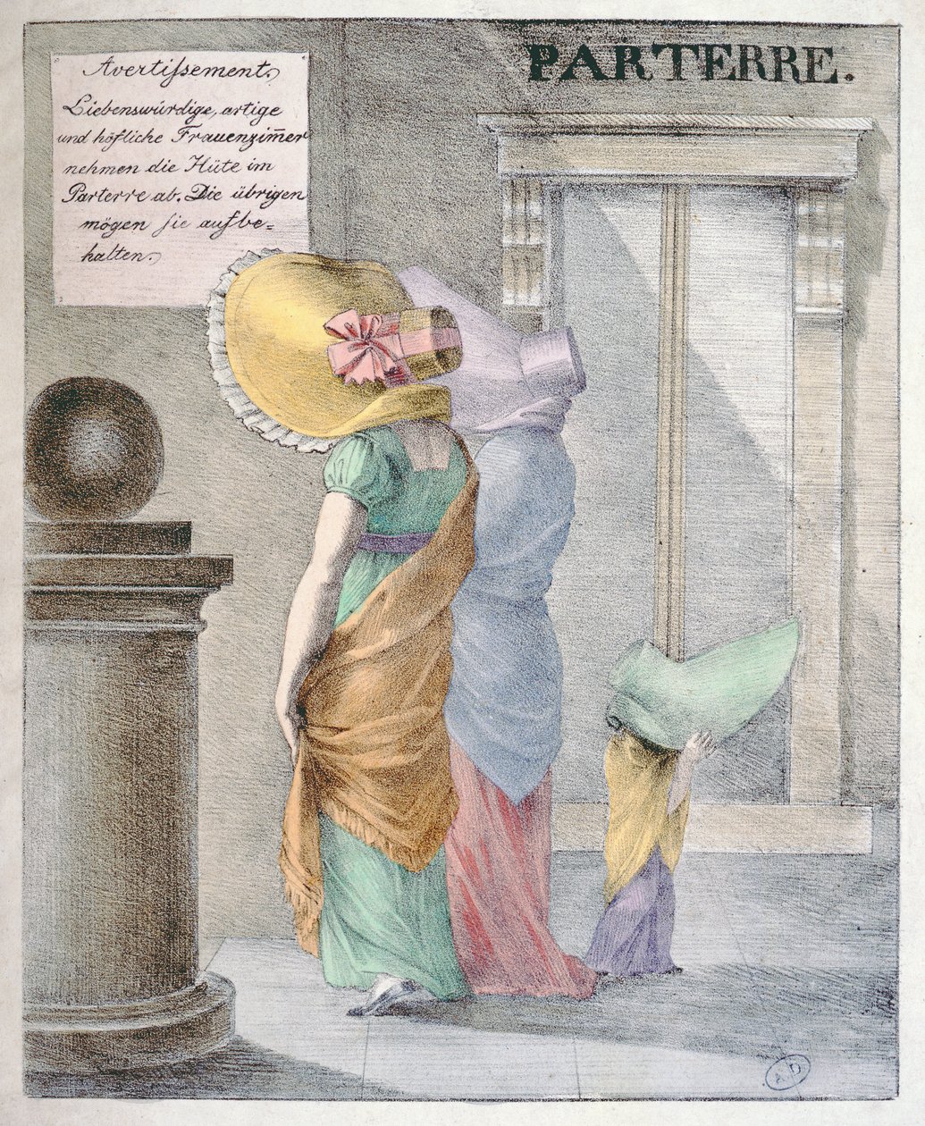 Tecknad film som förlöjligar modet för damer att bära enorma hattar, cirka 1820 av German School