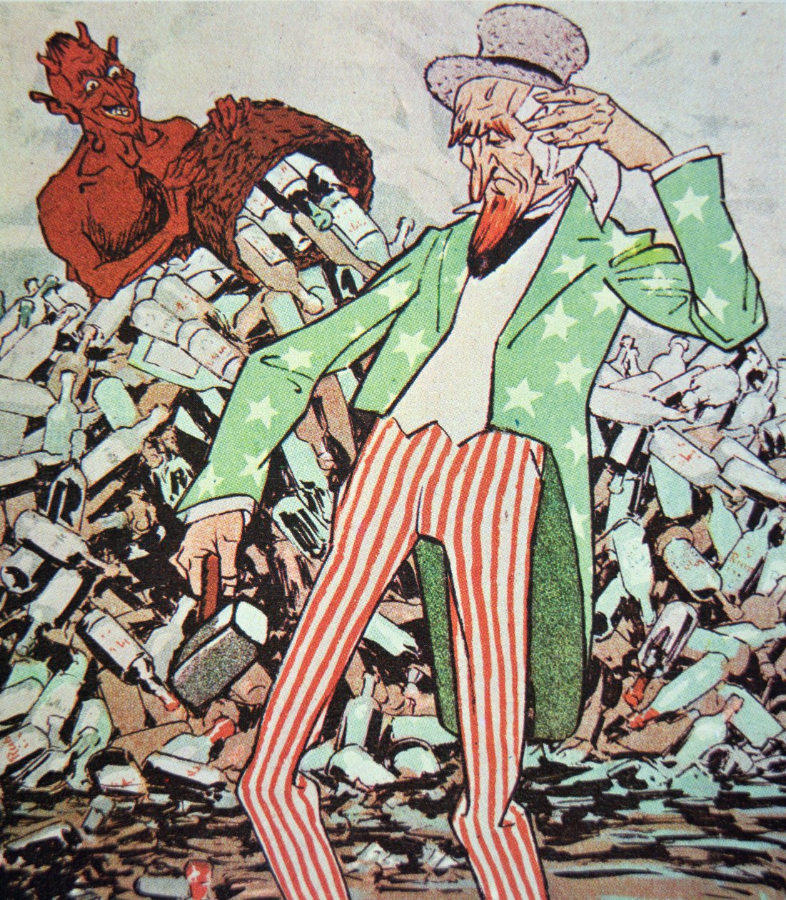 Tecknad serie som visar Uncle Sam utmattad av flödet av bootleg producerat av djävulen, under förbudstiden (1920-33) (lito i färg) av German School