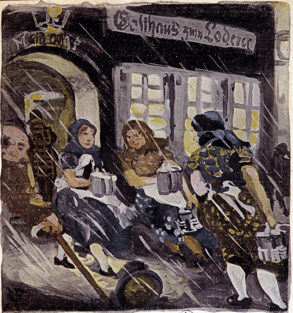 Karaktärer på terrassen till bryggeriet Max Feldbauer under snön, München (Munchen), Tyskland. Gravyr från 1905. Paris, Dekorativ konst av German School