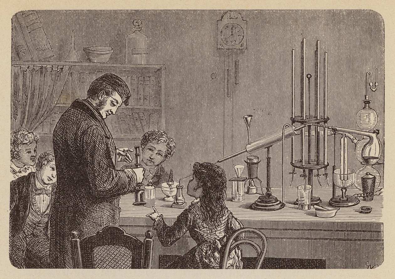 Barn som tittar på ett vetenskapligt experiment (gravyr) av German School