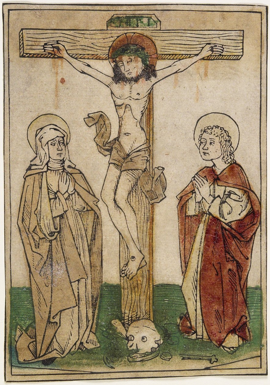 Kristus på korset med Maria och Johannes, ca 1470-80 (handfärgat träsnitt på pergament) av German School