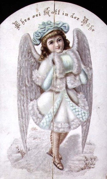 Julkort av en ängel med en muff, tyska, ca 1880 (tryck) av German School