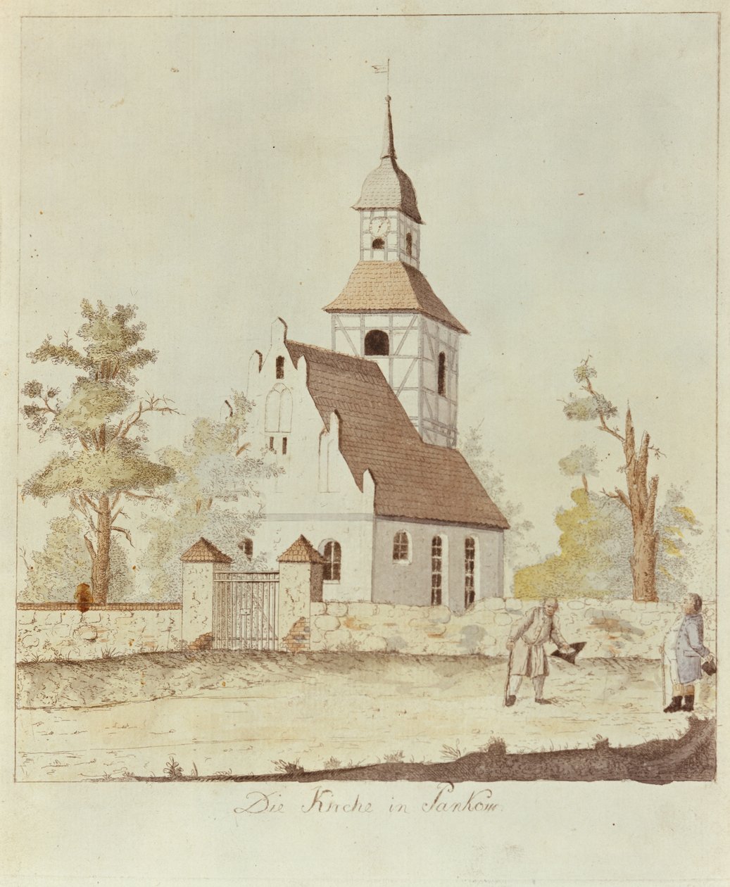 Kyrka i Pankow, Berlin (färgad etsning) av German School