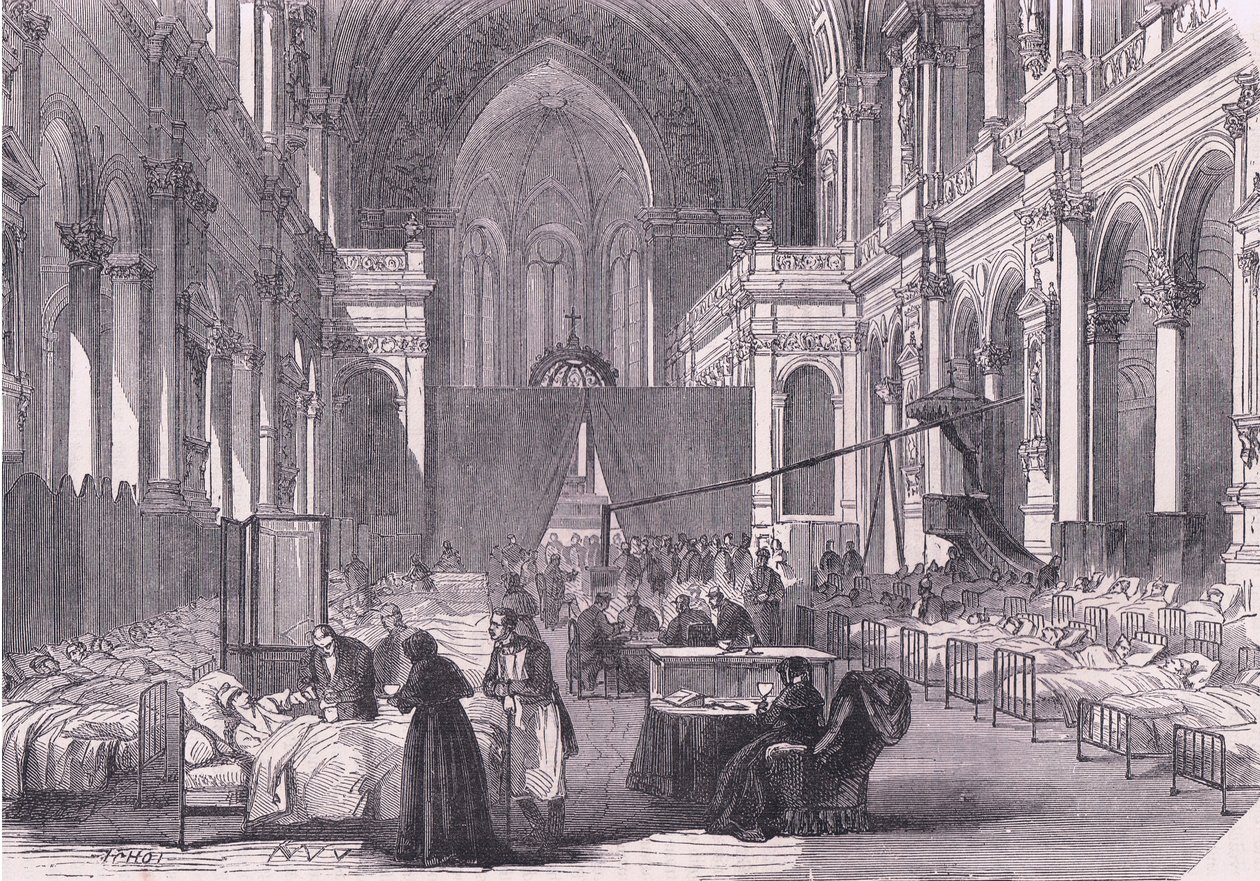 Kyrkan i Paris omvandlad till sjukhus, Cassells historia om kriget mellan Frankrike och Tyskland publicerad av Cassell and Company Limited, ca 1890 (litho) av German School