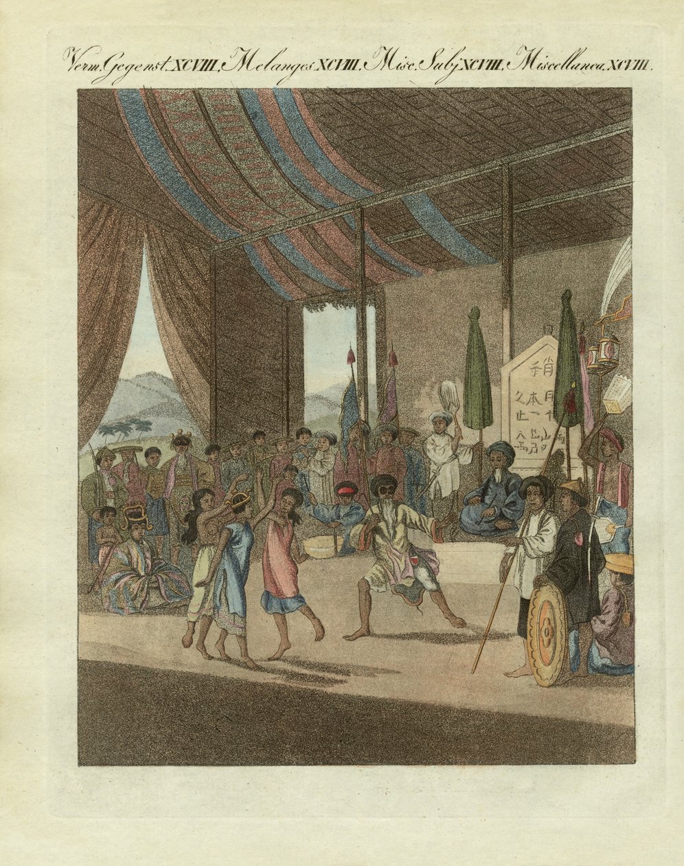 Cochin kinesisk opera (färgad gravyr) av German School