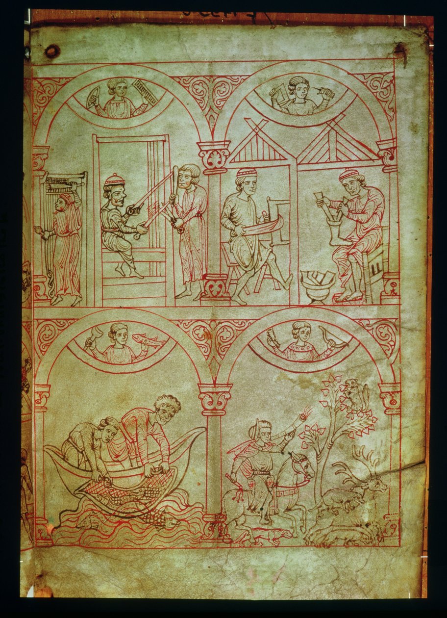 Codex 507 fol.2r Väver, skomakare, fiskare och jägare, från Renner Musterbuch, c.1208-18 av German School