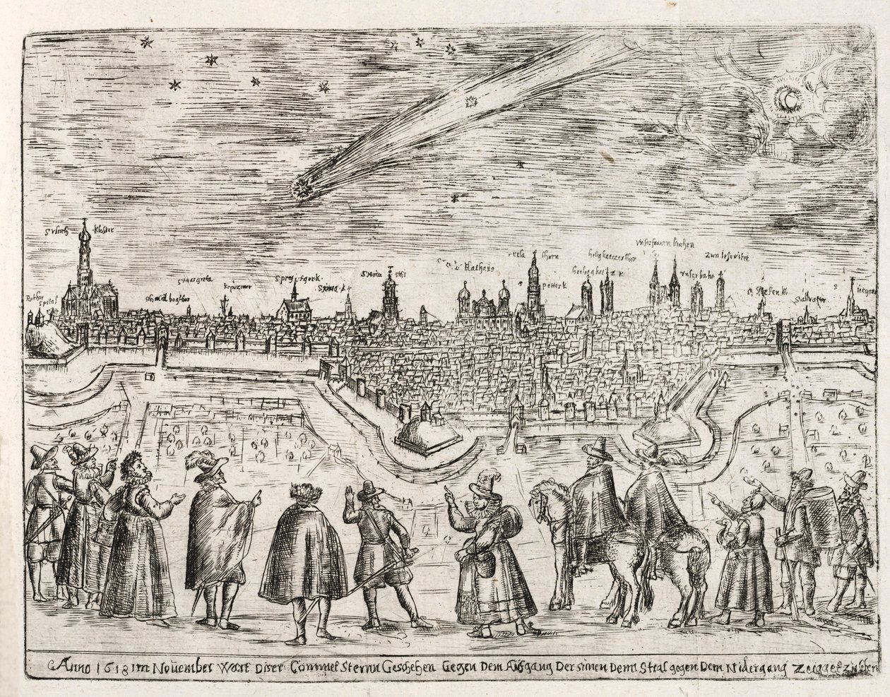Komet sett över Augsburg slutet av november 1618, pub. 1618. av German School