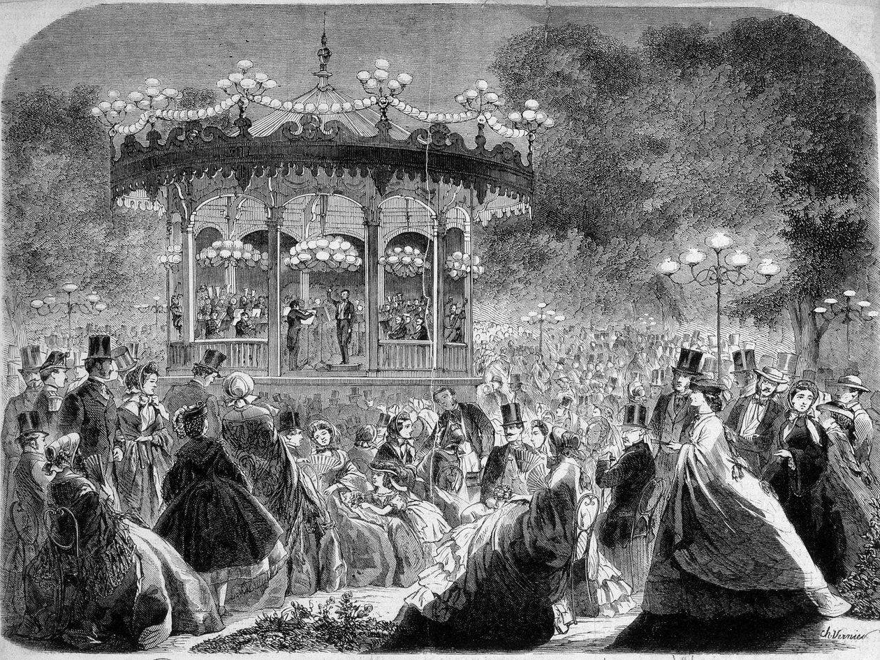 Konsert på Champs-Elysées musikkiosk, tysk gravyr v. 1861. av German School