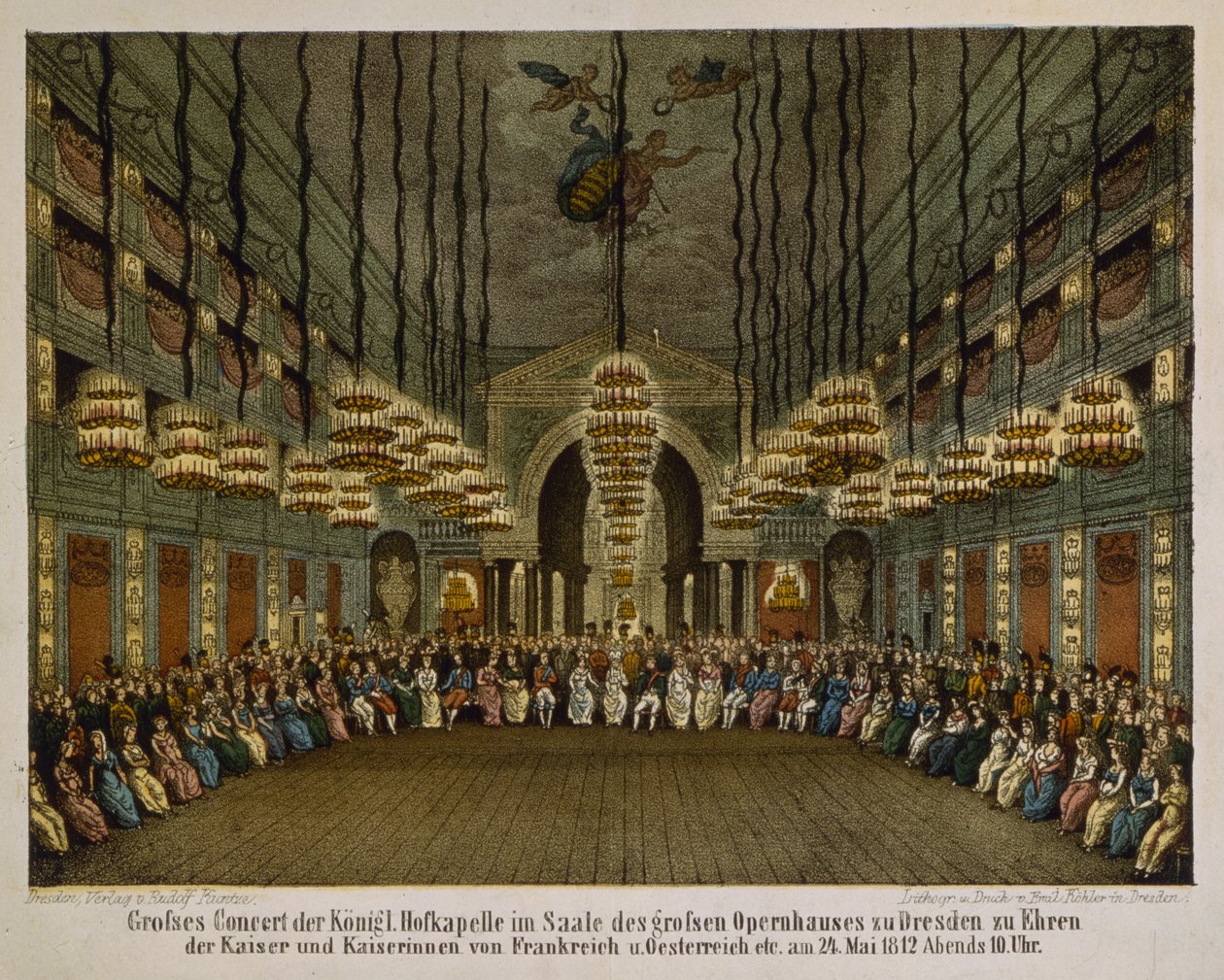 Kunglig orkesterkonsert i auditoriet i Dresdens operahus för att hedra kejsarparet, 1812 (färglitografi) av German School
