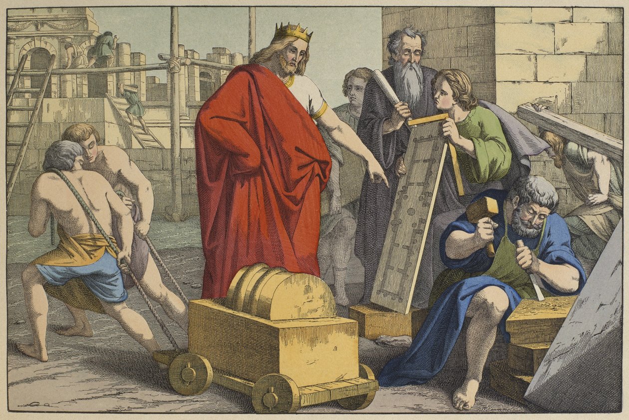 Konstruktion av Jerusalems tempel, illustration från LAncien Testament, utgiven av Jakob Ferdinand Schreiber, Esslingen (färggravyr) av German School