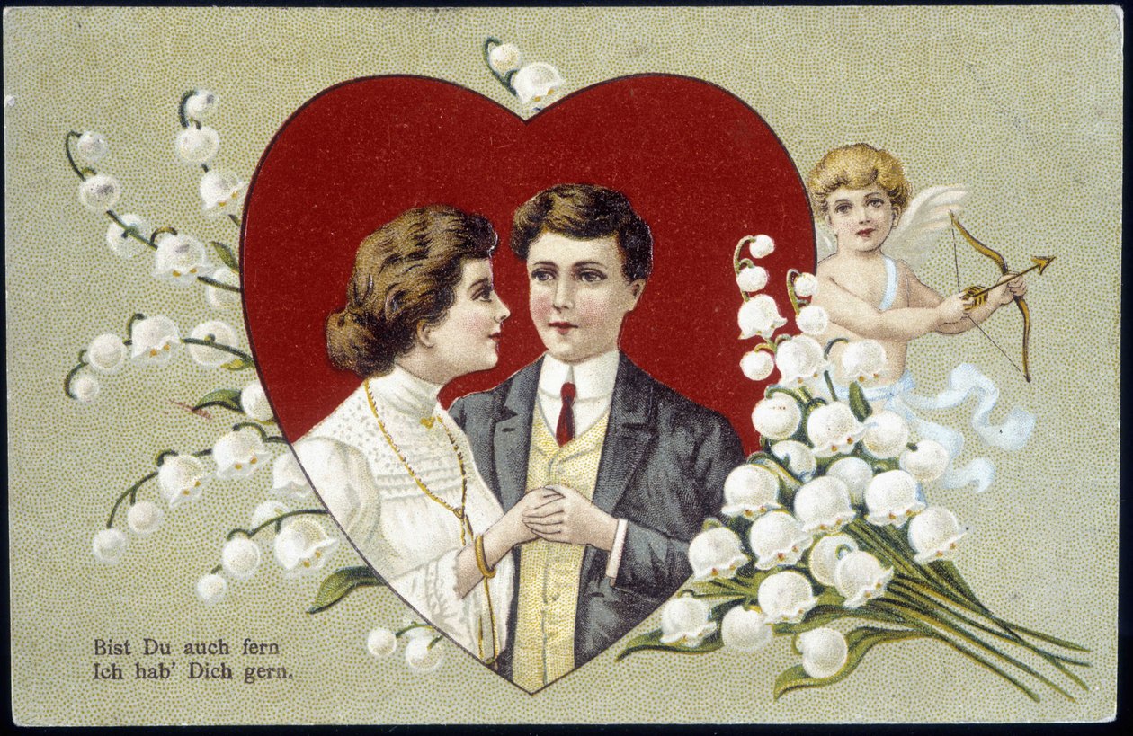 Ett par älskare i ett hjärta omgivet av liljekonvalj och Amor (Eros) - tyskt vykort, 1900-talet av German School