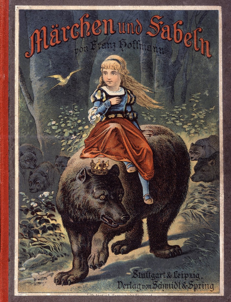 Omslag till Franz Hoffmanns sagor "" Sagor och fabler: Von Prinzessin sternr¿schenw"": En flicka på en björn. Kromolitografi av 1800-talet. av German School