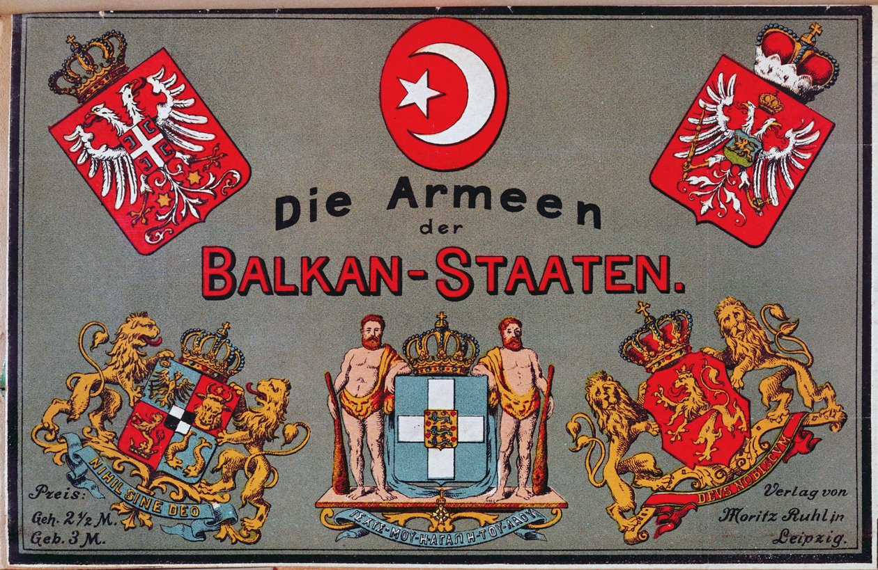 Omslag till broschyr om Balkanstaternas arméer, ca 1912 av German School
