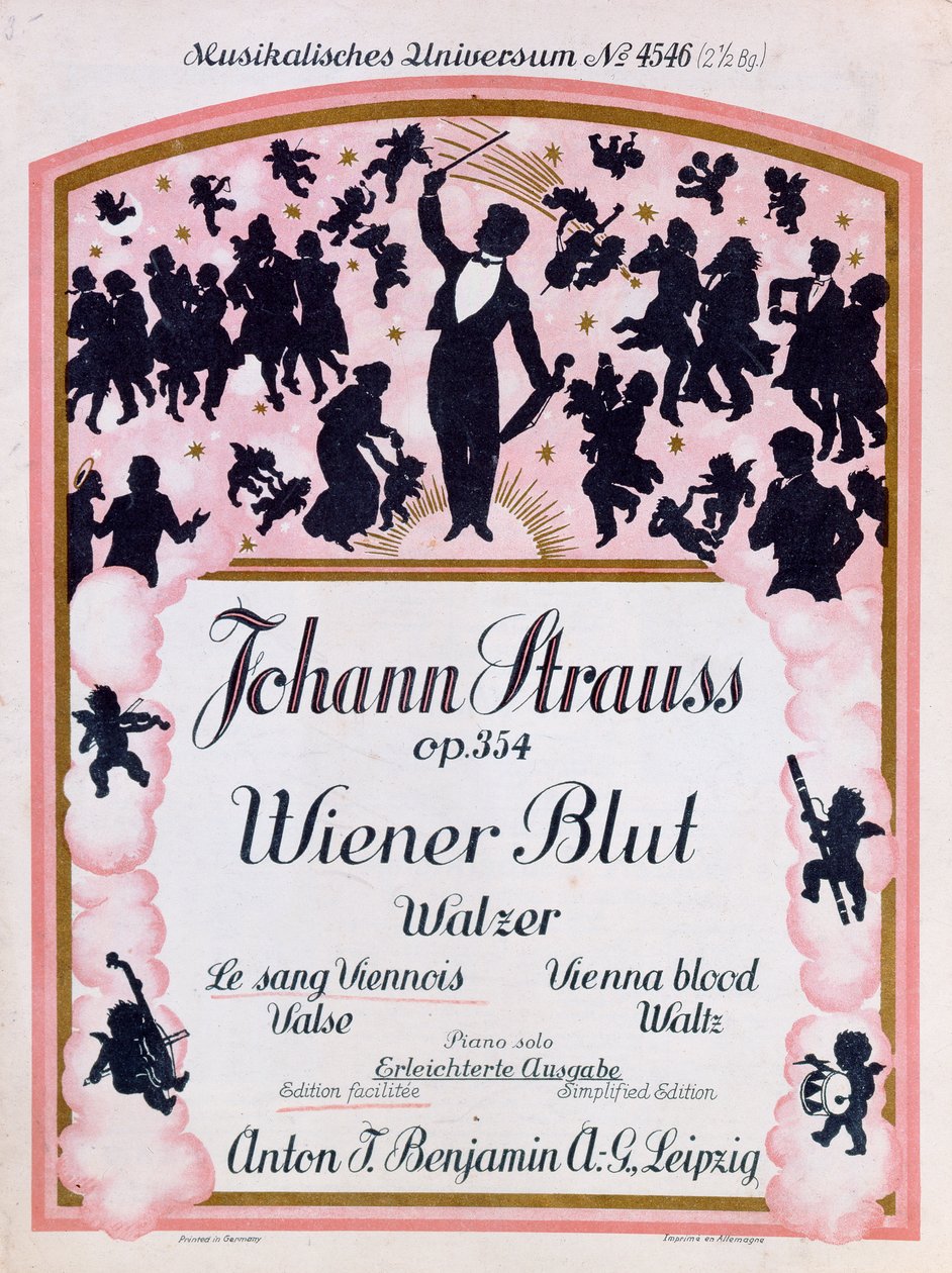 Omslag till partituren till den berömda valsen Wiener Blut op.354 av Johann Strauss II, (1825-99), 1930 av German School