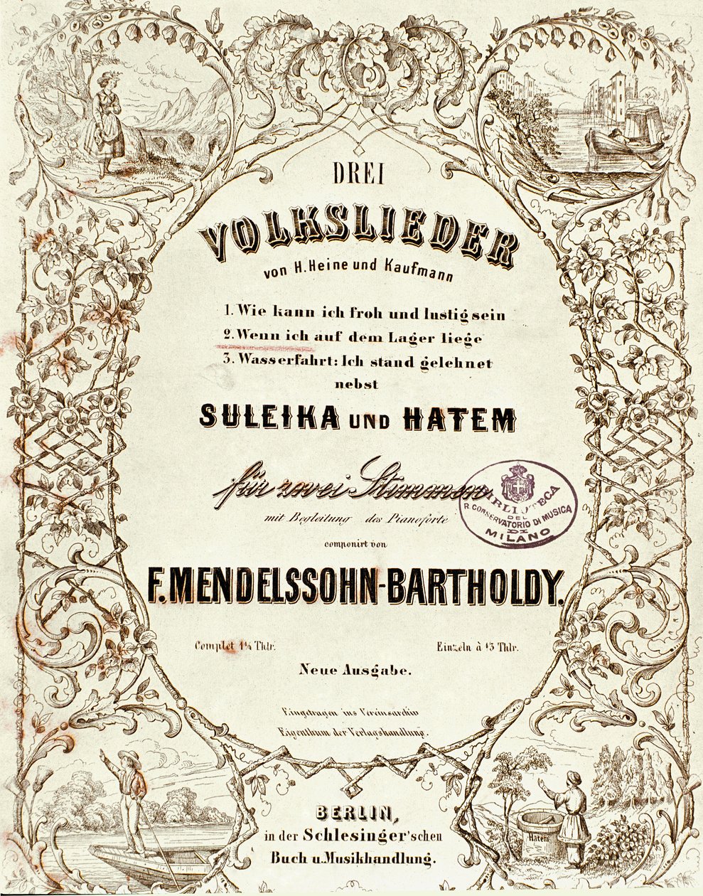 Omslag till partituret till Drei Volkslieder av Felix Mendelssohn av German School