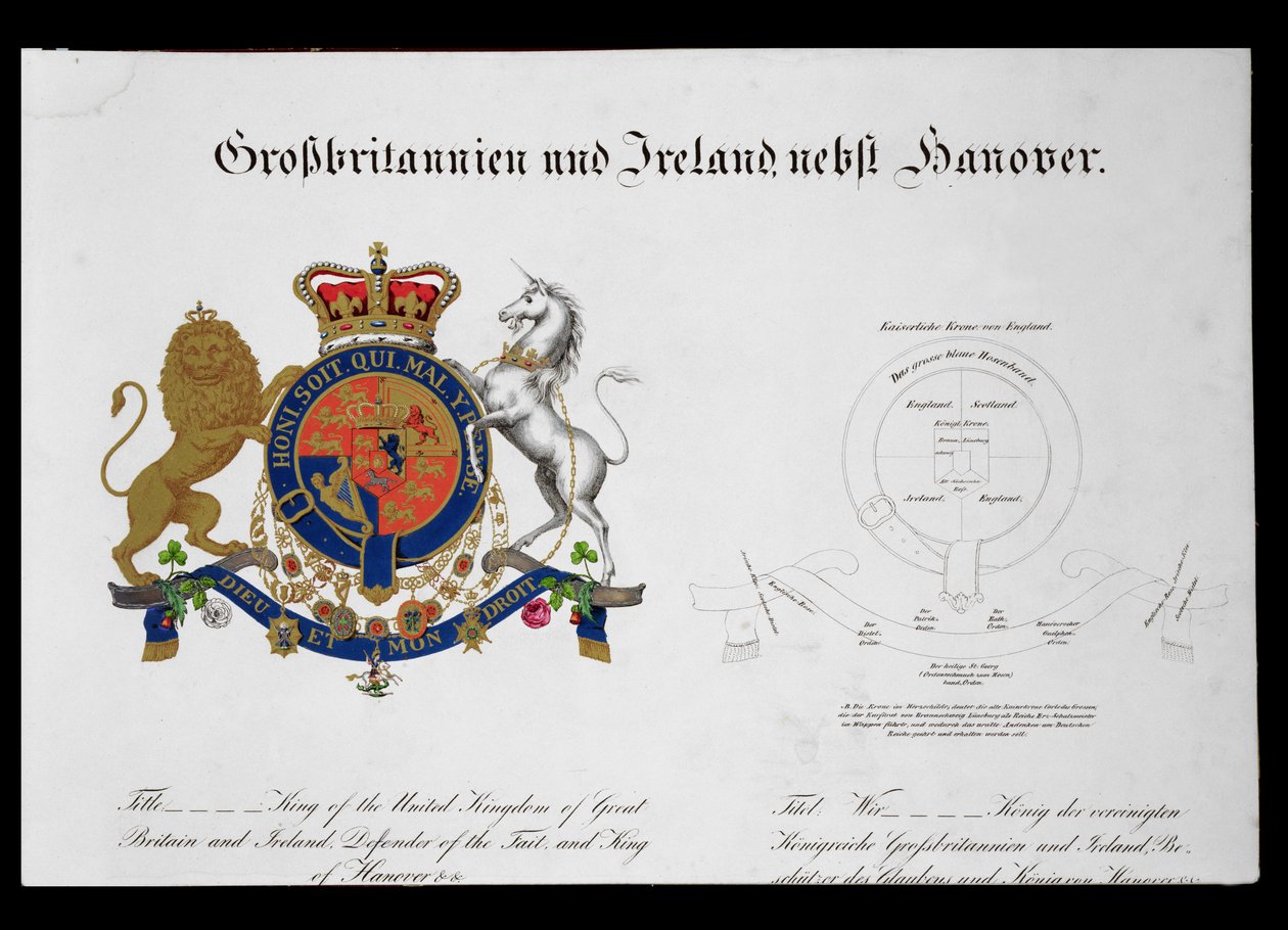 Vapen av kungen av Förenade kungariket av Storbritannien och Irland, trons försvarare och kung av Hannover (ca 1801-37) (se även 111319) av German School