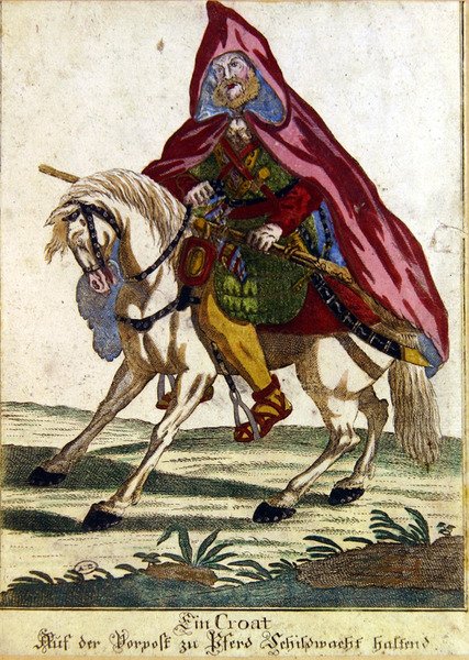 Croat Warrior på en häst (färgad gravyr) av German School