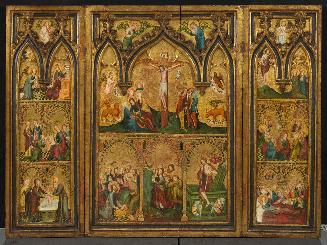 Crucifixion triptyk (tidigare känd som Estouteville Triptych), c.1374 (tempera på panel) av German School