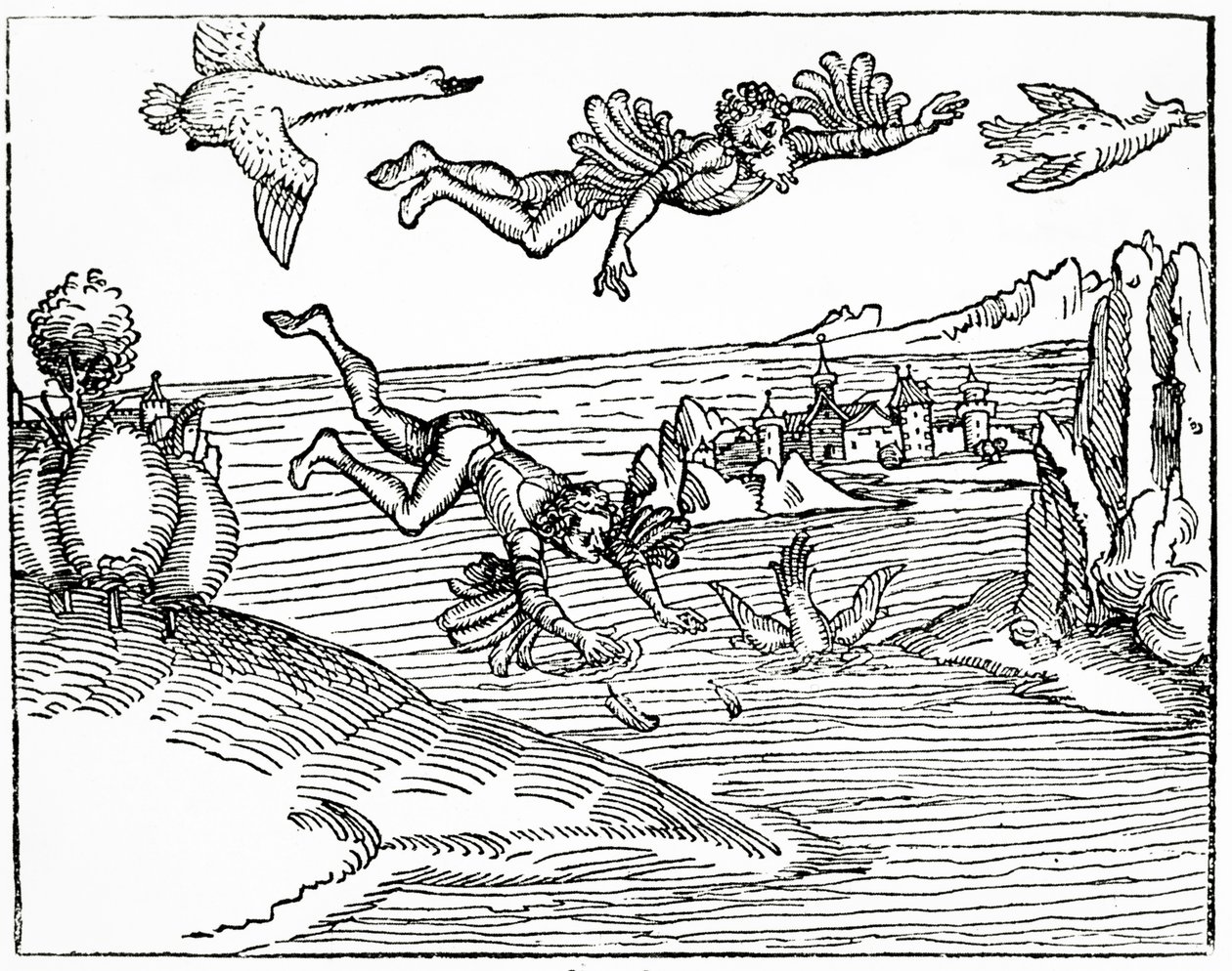 Daedalus, som flyr från Kreta med sin son, Ikaros, ser honom falla till sin död, 1493 (träsnitt) av German School