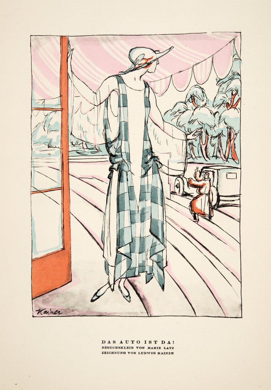 "Das Auto Ist Da!", reklam för klänning av Marie Latz, ur Styl, utg.1922 (pochoirtryck) av German School