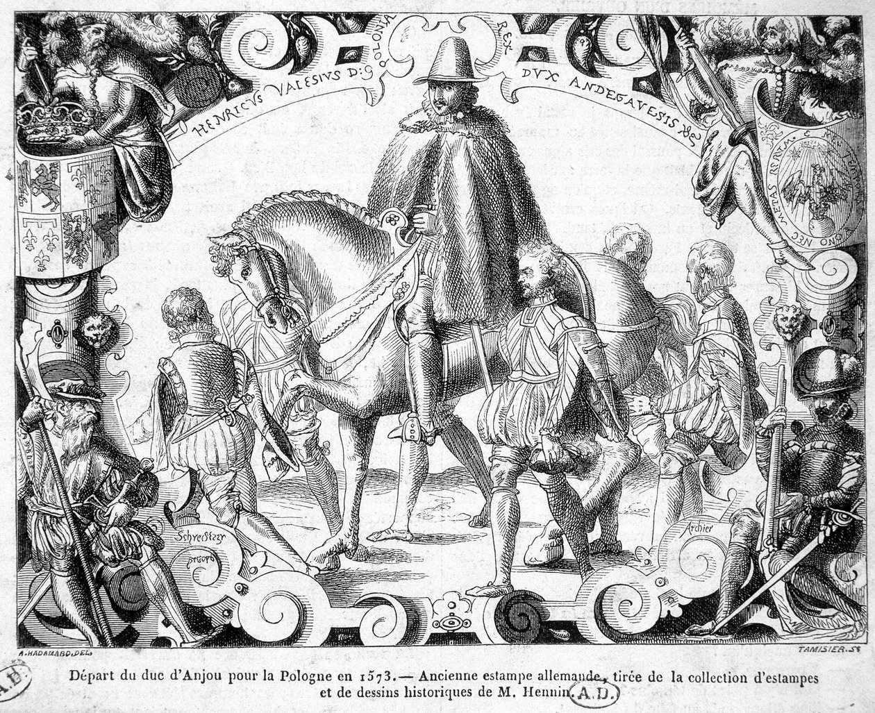 Hertigen av Anjous avresa till Polen 1573 (vald till kung av Polen, han kommer att ta sin krona i besittning) - Ett gammalt tyskt tryck från samlingen av tryck och historiska teckningar av Herr Hennin. av German School